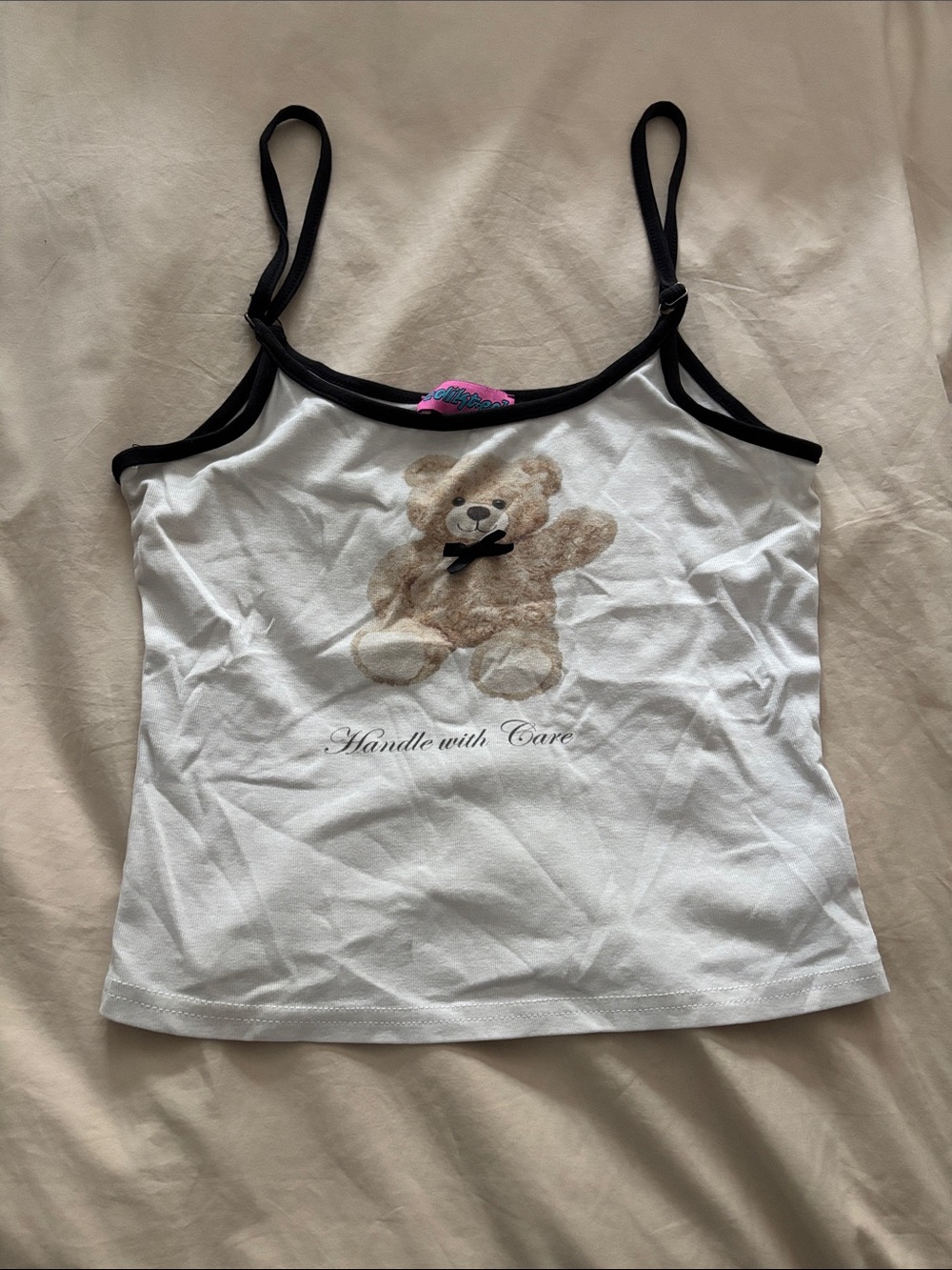 Edikted White Teddy Bear Graphic Tank Top with Black Trim